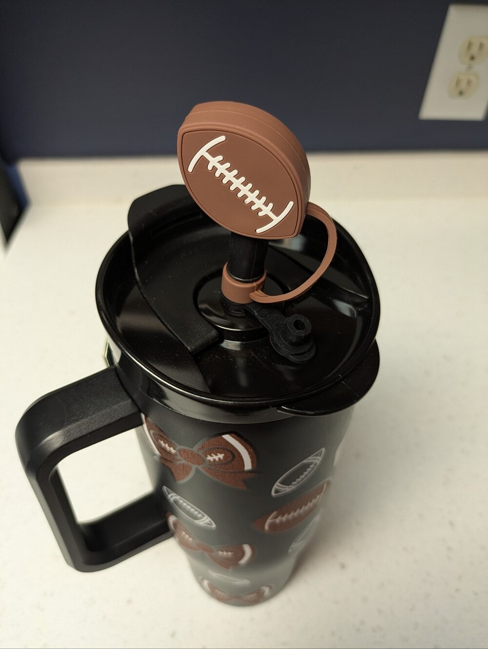 Glittery Football & Bows Print Travel Tumbler with Handle Removable Straw Topper - Picture 5 of 14